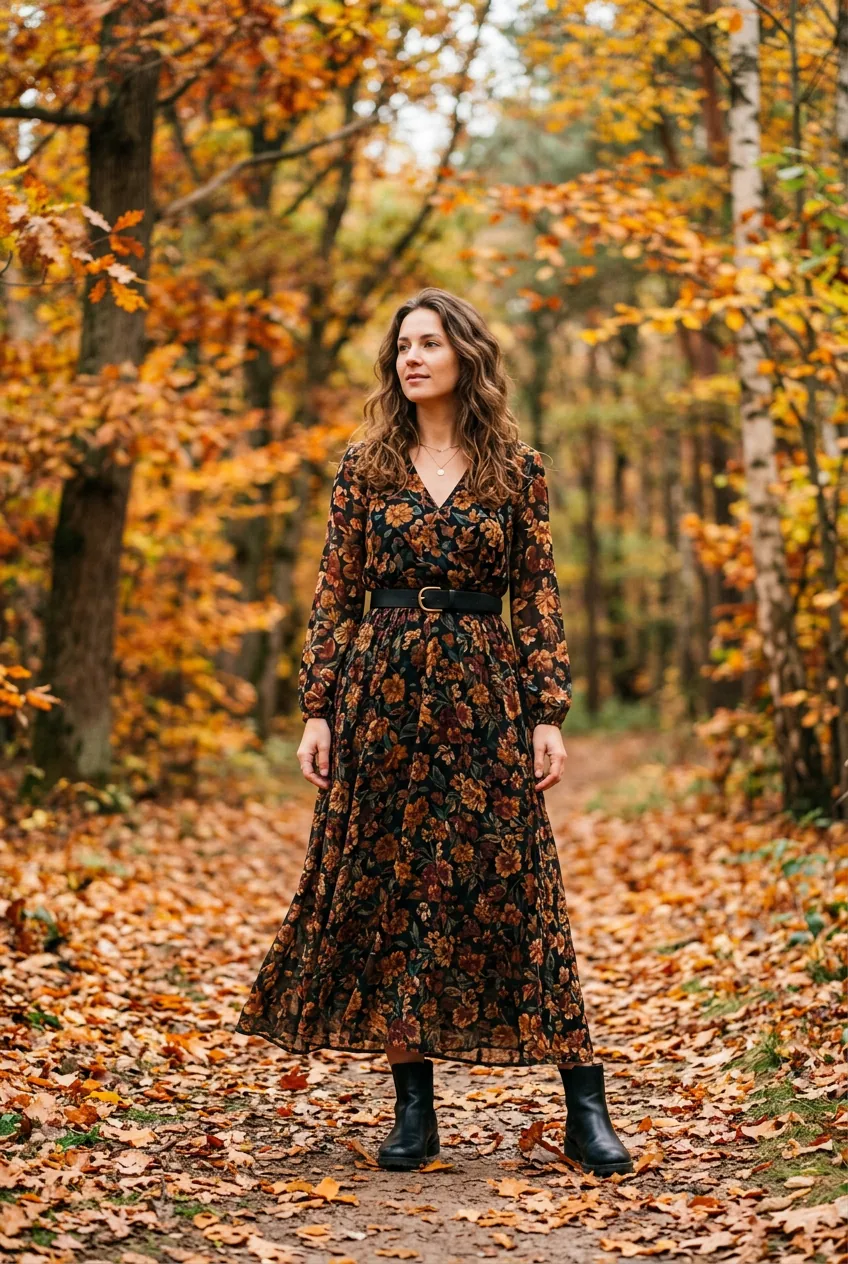 Woman in dark floral maxi dress with black belt and ankle boots among autumn trees in forest light