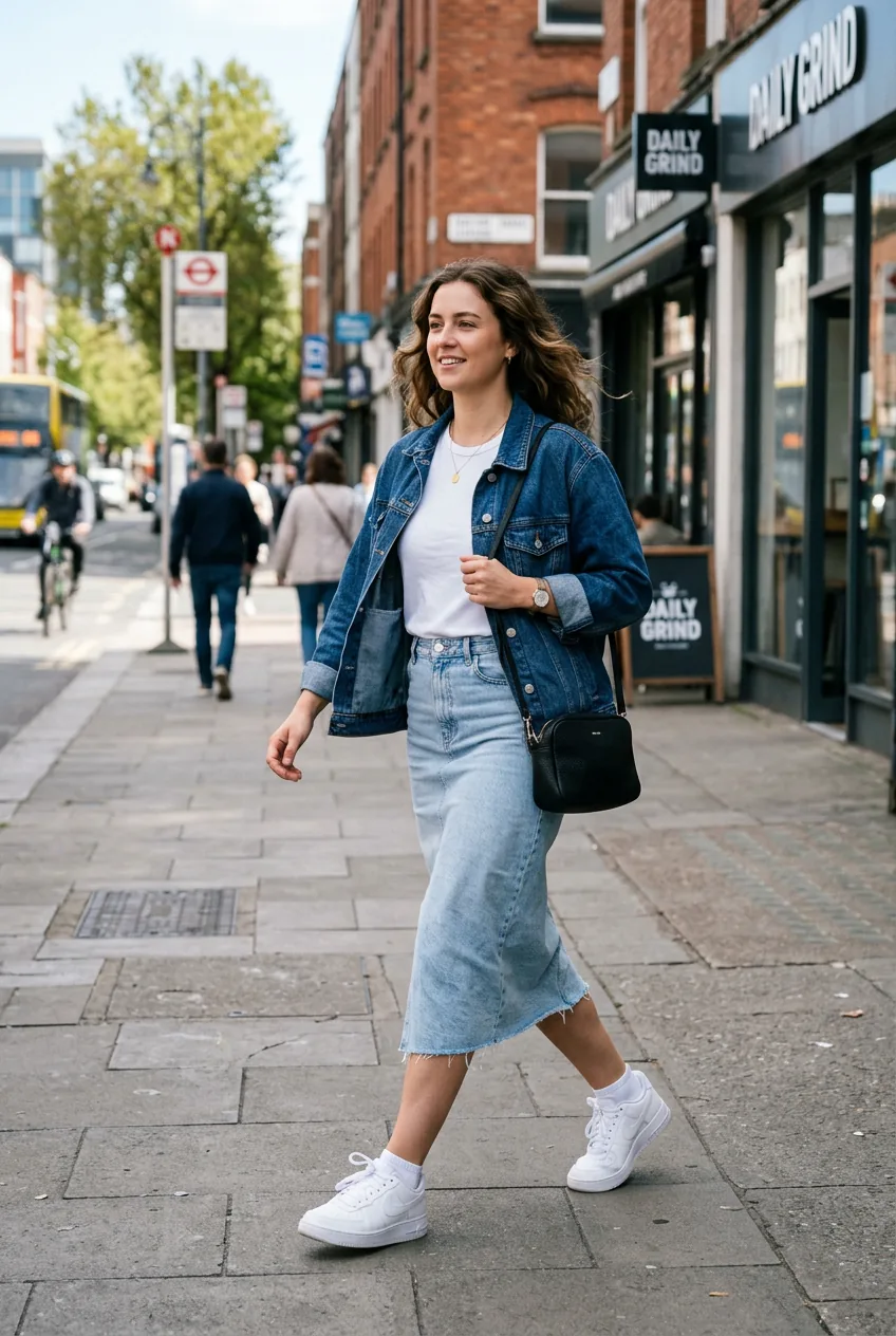 Woman walking on a city street in a light-wash denim midi skirt with a darker denim jacket over a white tee