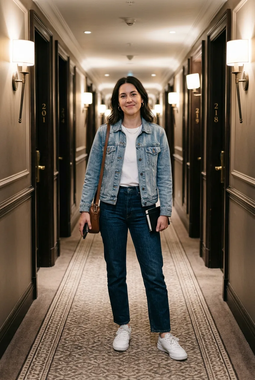 Woman wearing dark wash jeans with lighter wash denim jacket over white tee and white trainers in hotel hallway with depth