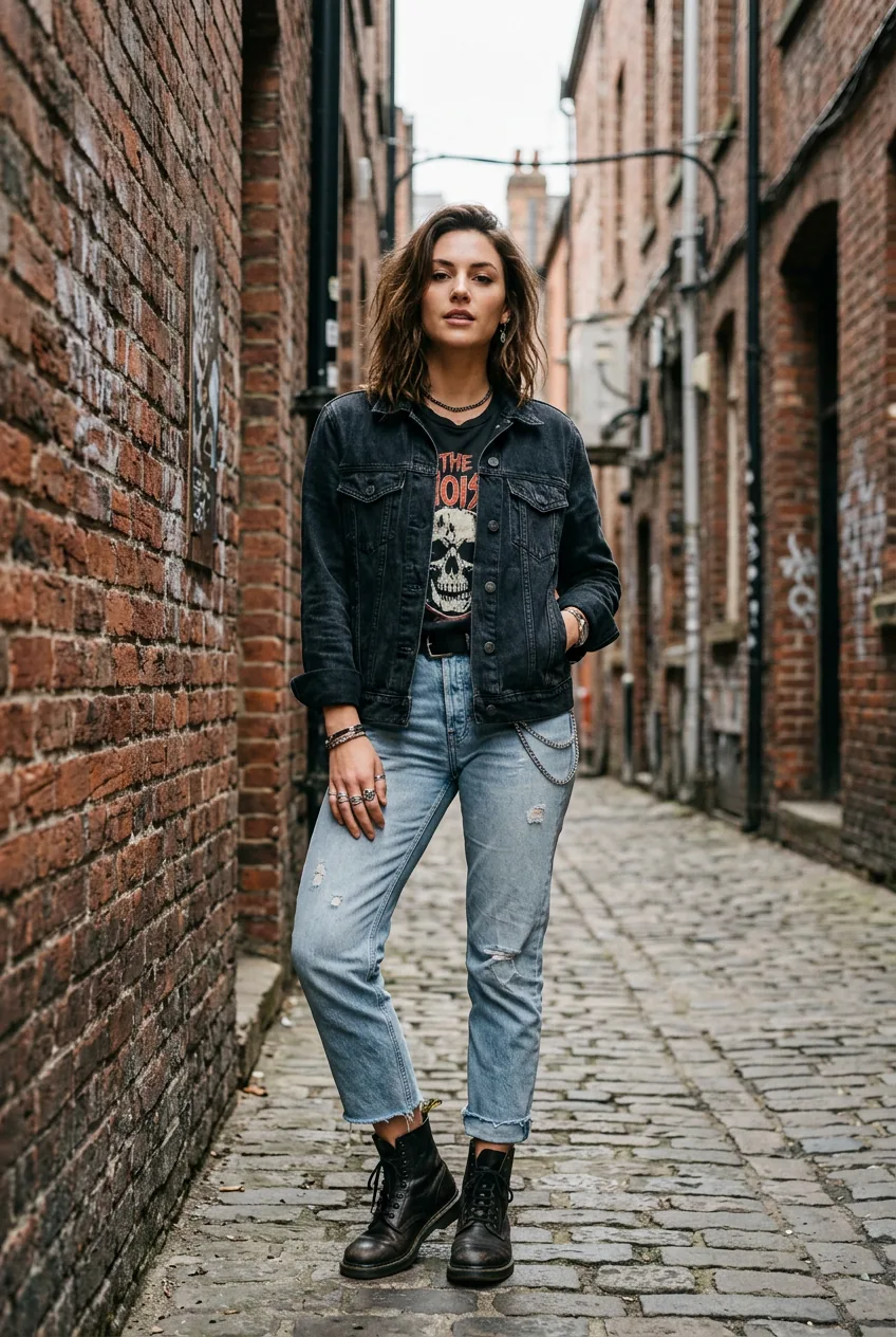 Woman in double denim outfit with dark wash jacket, light wash raw hem jeans and black graphic tee, multiple rings visible