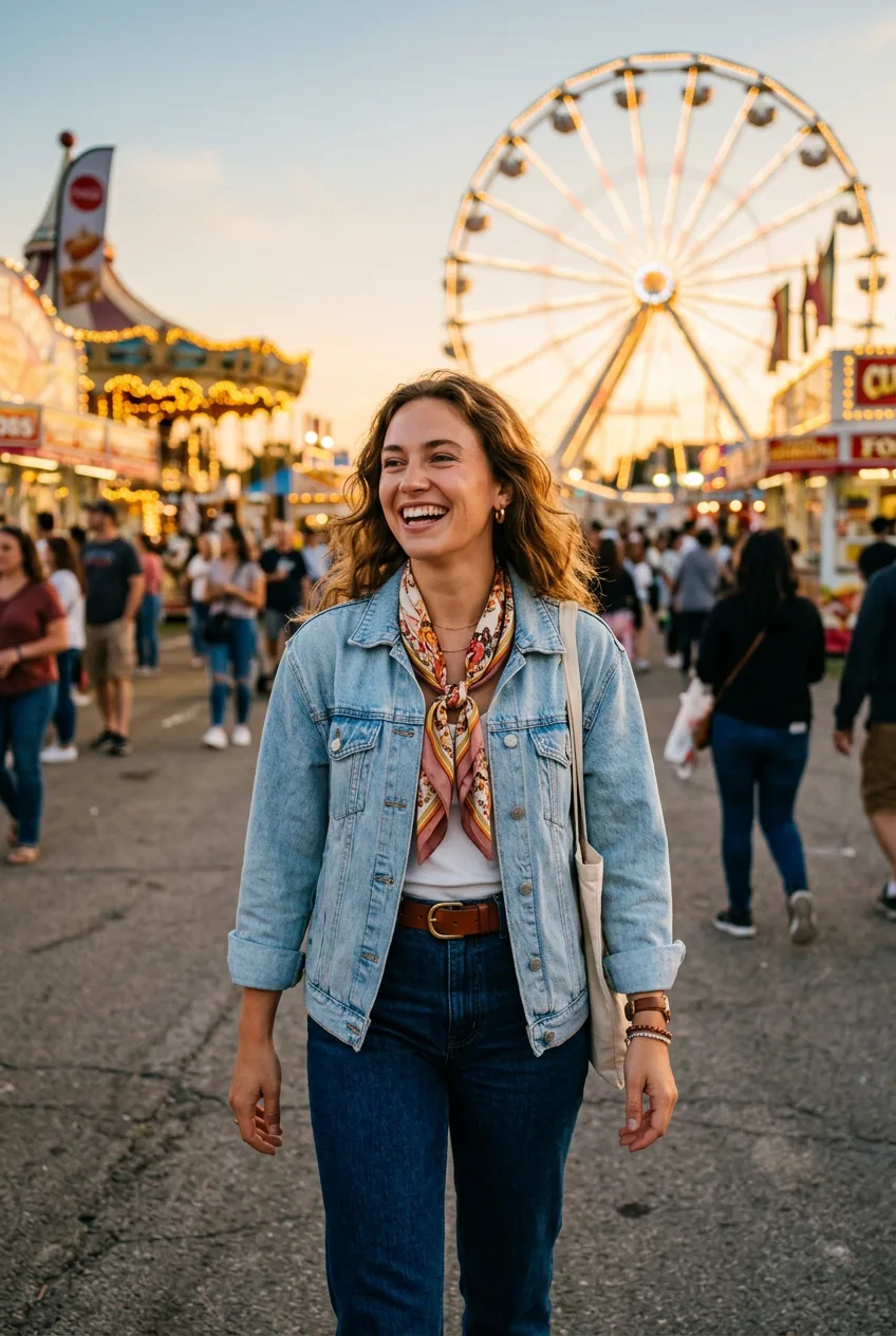 Woman wearing light wash denim jacket over dark indigo jeans with printed scarf at summer fair golden hour