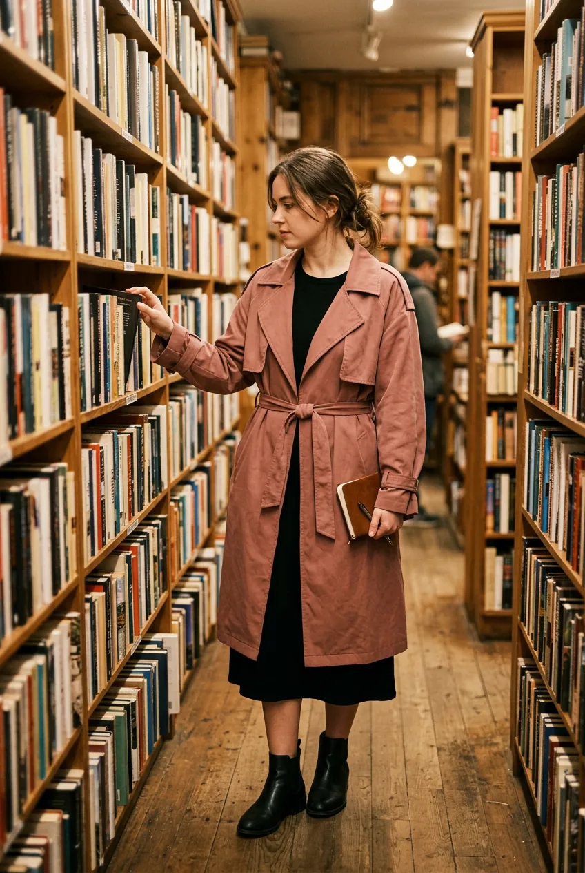 Woman wearing a dusty rose oversized belted trench coat over a black midi dress with black ankle boots in a bookstore setting