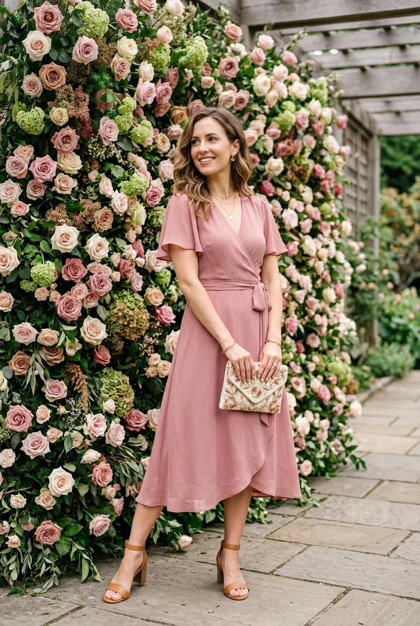 Woman in dusty rose wrap midi dress with block heel sandals and embroidered clutch in floral backdrop