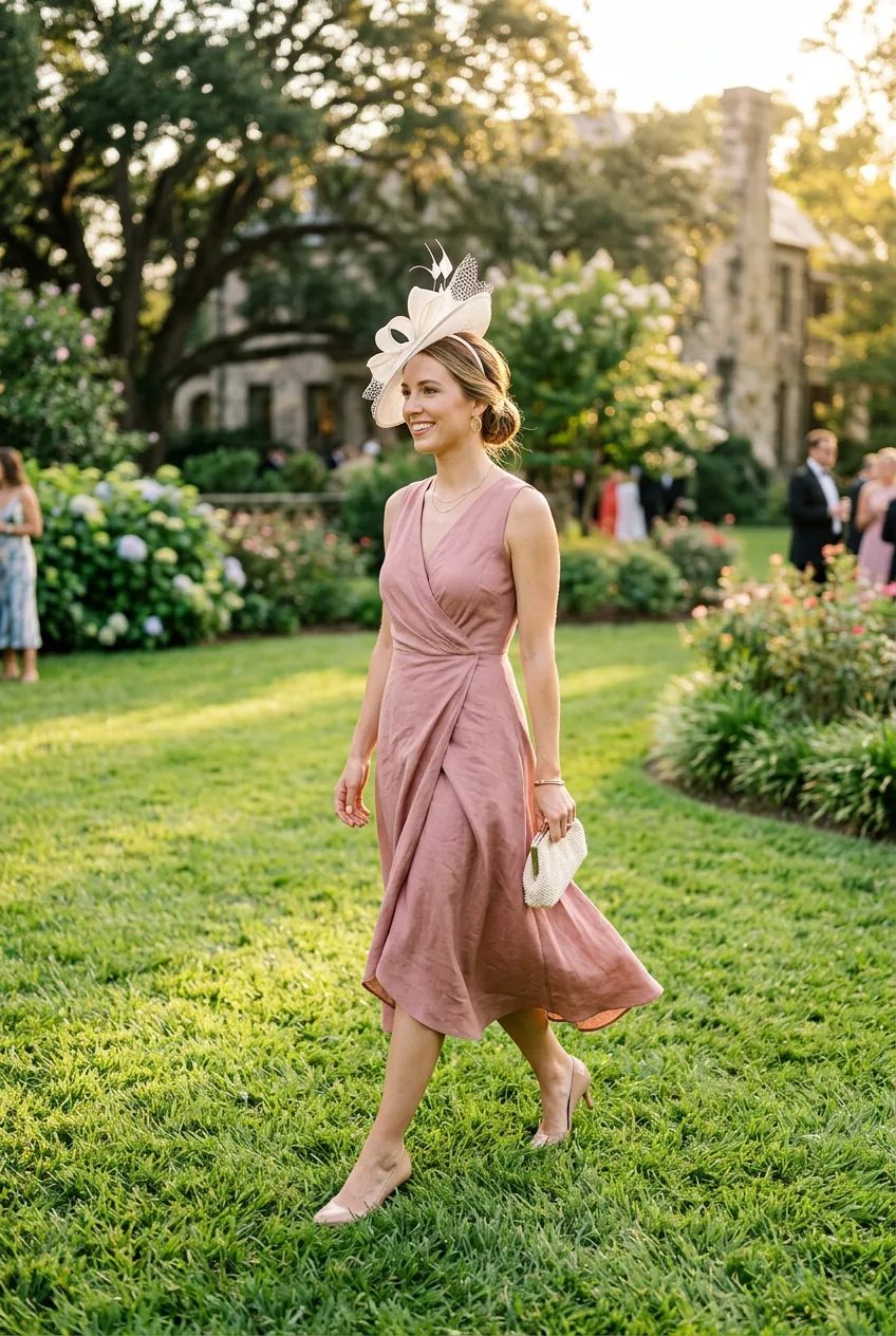 Woman walking on grass in dusty rose wrap midi dress and ivory fascinator with kitten heels
