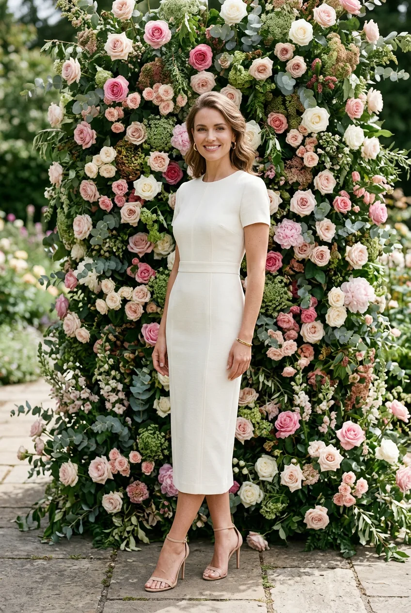 Woman wearing structured ecru sheath midi dress with minimal accessories and strappy heels in daylight