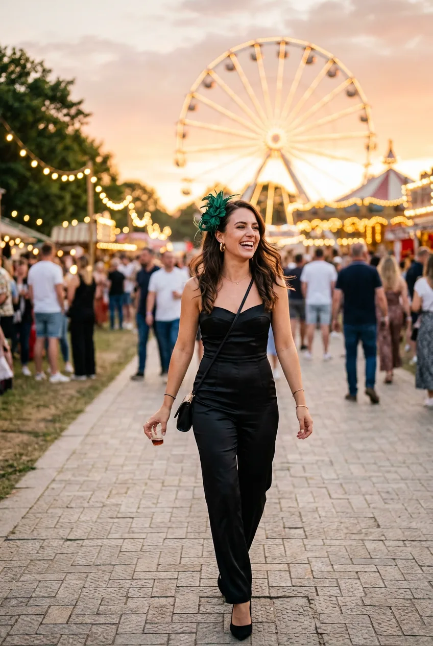 Woman in slim black satin jumpsuit wearing a sculptural emerald feathered hair clip at an outdoor celebration with ferris wheel background