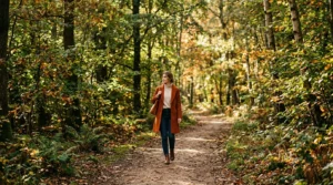 Woman walking along a dirt forest path in a styled fall outfit with dappled sunlight through autumn leaves