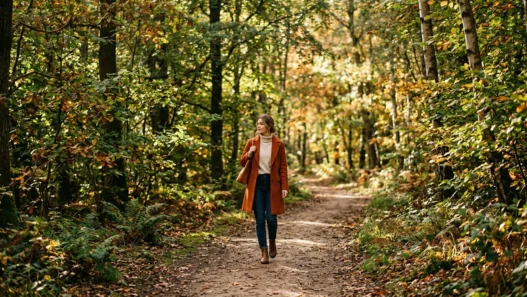 Woman walking along a dirt forest path in a styled fall outfit with dappled sunlight through autumn leaves