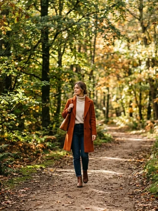 Woman walking along a dirt forest path in a styled fall outfit with dappled sunlight through autumn leaves
