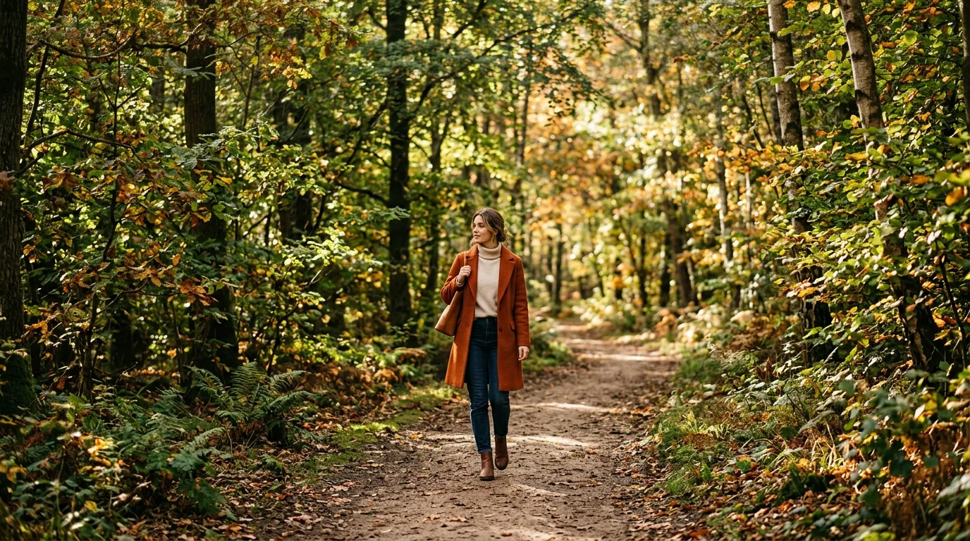 Woman walking along a dirt forest path in a styled fall outfit with dappled sunlight through autumn leaves