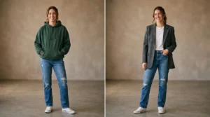 Two women in coordinated caramel and cream tones standing side by side in clean studio lighting for a matching relationship outfit editorial