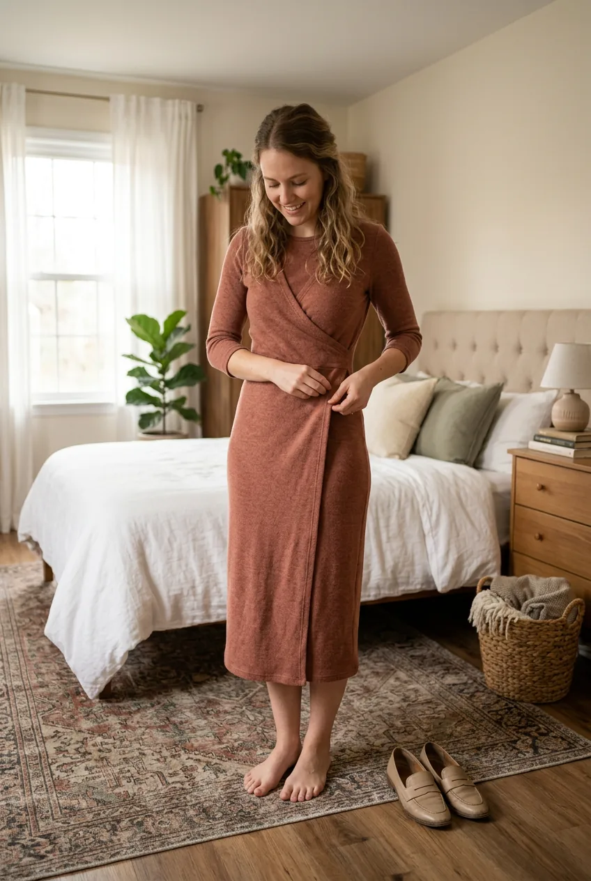 Woman in fitted dusty rust sewn-in wrap midi dress smoothing front panel with neutral loafers on floor beside her