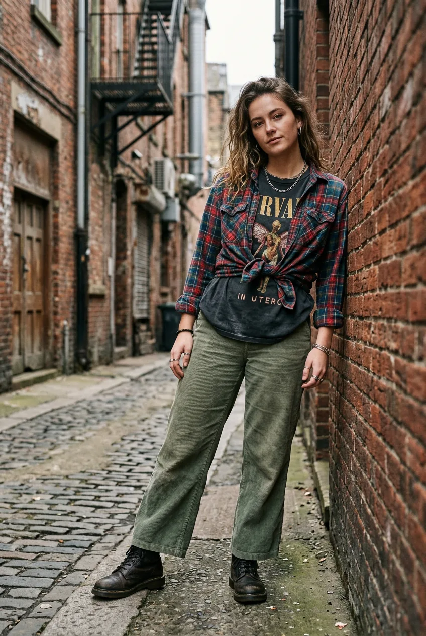 Woman in flannel shirt tied at waist over faded band tee with wide-leg dusty olive cord trousers in brick alley