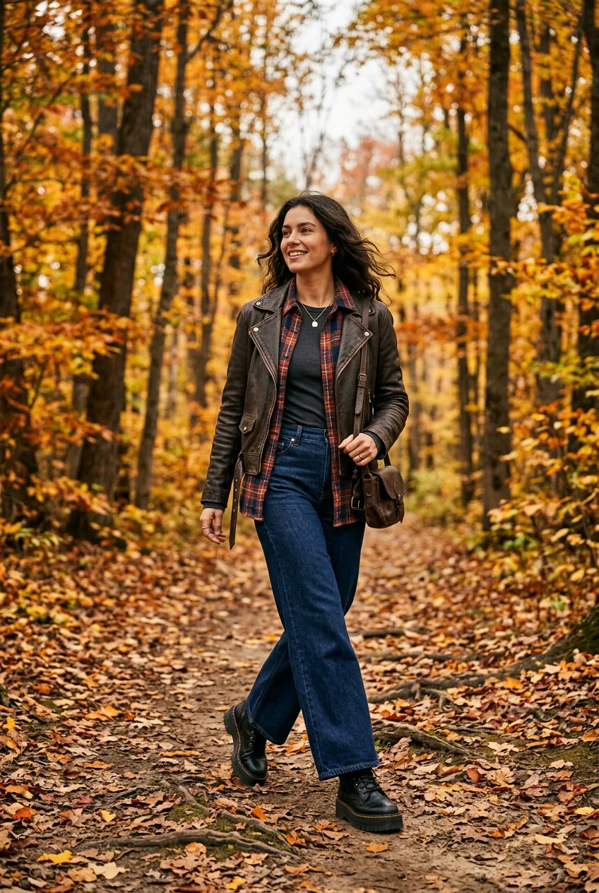 Woman in flannel shirt over fitted tee with leather jacket wide-leg jeans and lug-sole boots in golden autumn woods