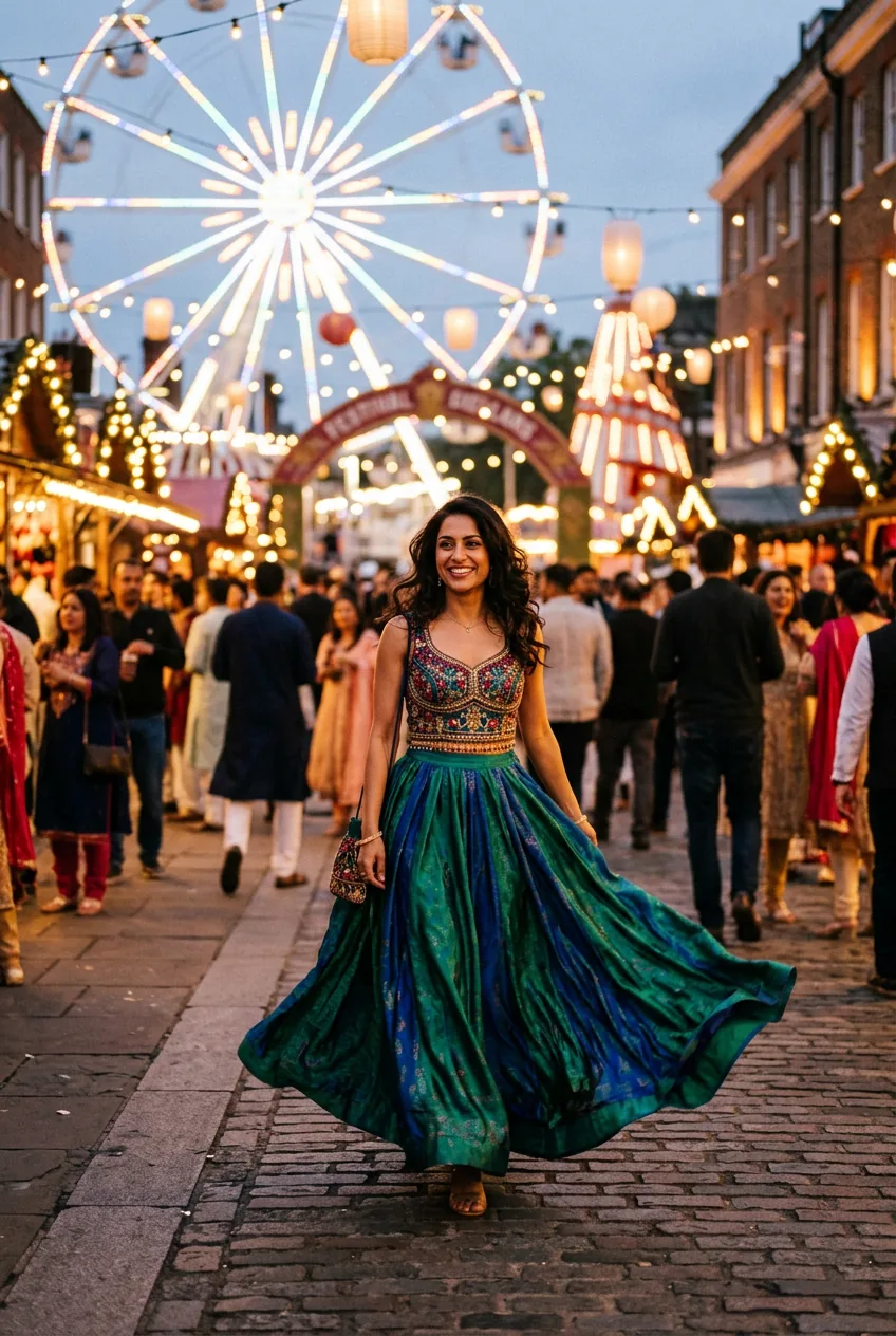 Woman in flowing floor-length jewel-toned silk skirt and embellished top walking through a festive street celebration in motion