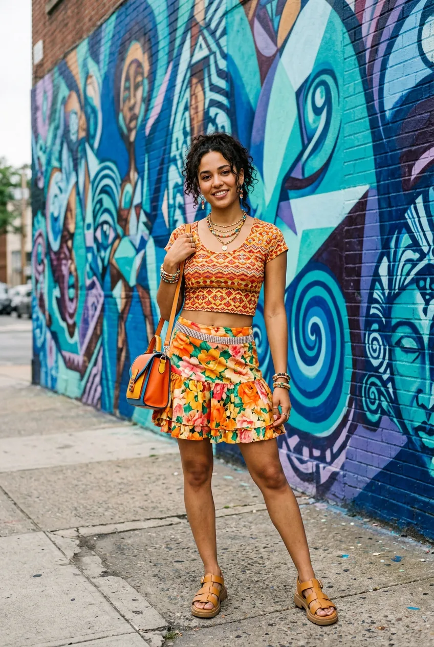 Woman in a mixed floral and geometric print maximalist Y2K outfit with rhinestone belt and colorful structured bag