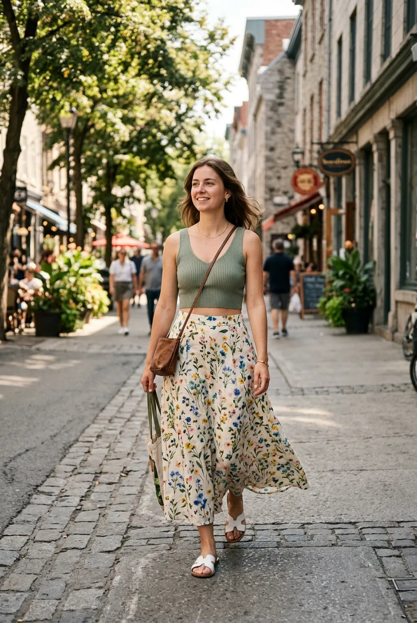 Woman walking in a floral linen maxi skirt paired with a sage green ribbed cropped knit top and flat sandals