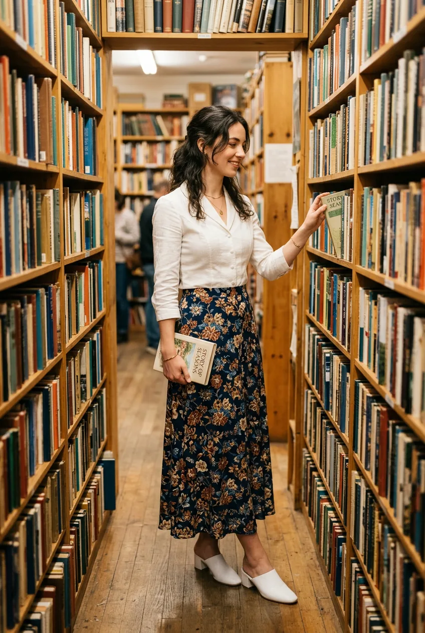 Woman in a bookstore wearing a flowing floral maxi skirt with a fitted ivory structured blouse and clean white mules