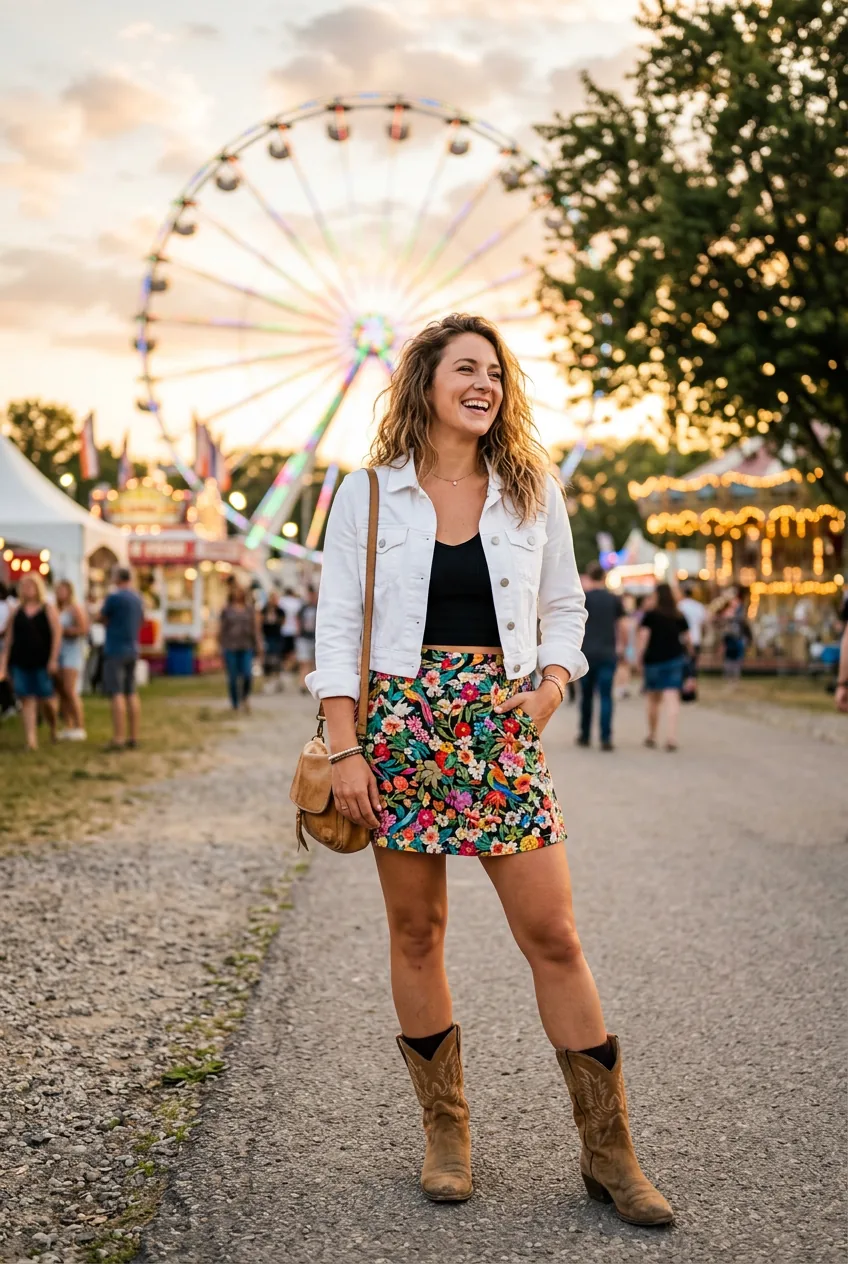 Woman in floral mini skirt and cowboy boots with cropped jacket at summer outdoor event golden hour