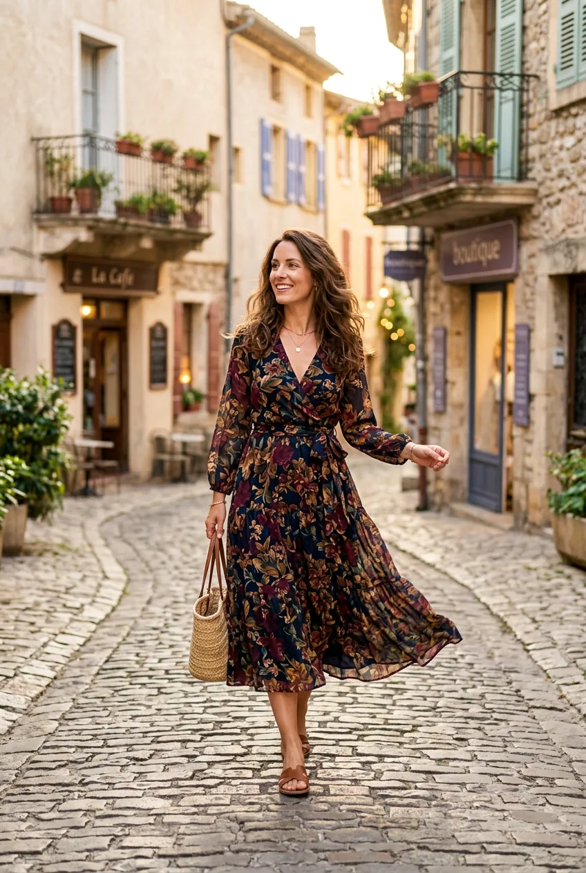 Woman on a European cobblestone street wearing a deep floral printed wrap dress with cinched waist and midi-length hem