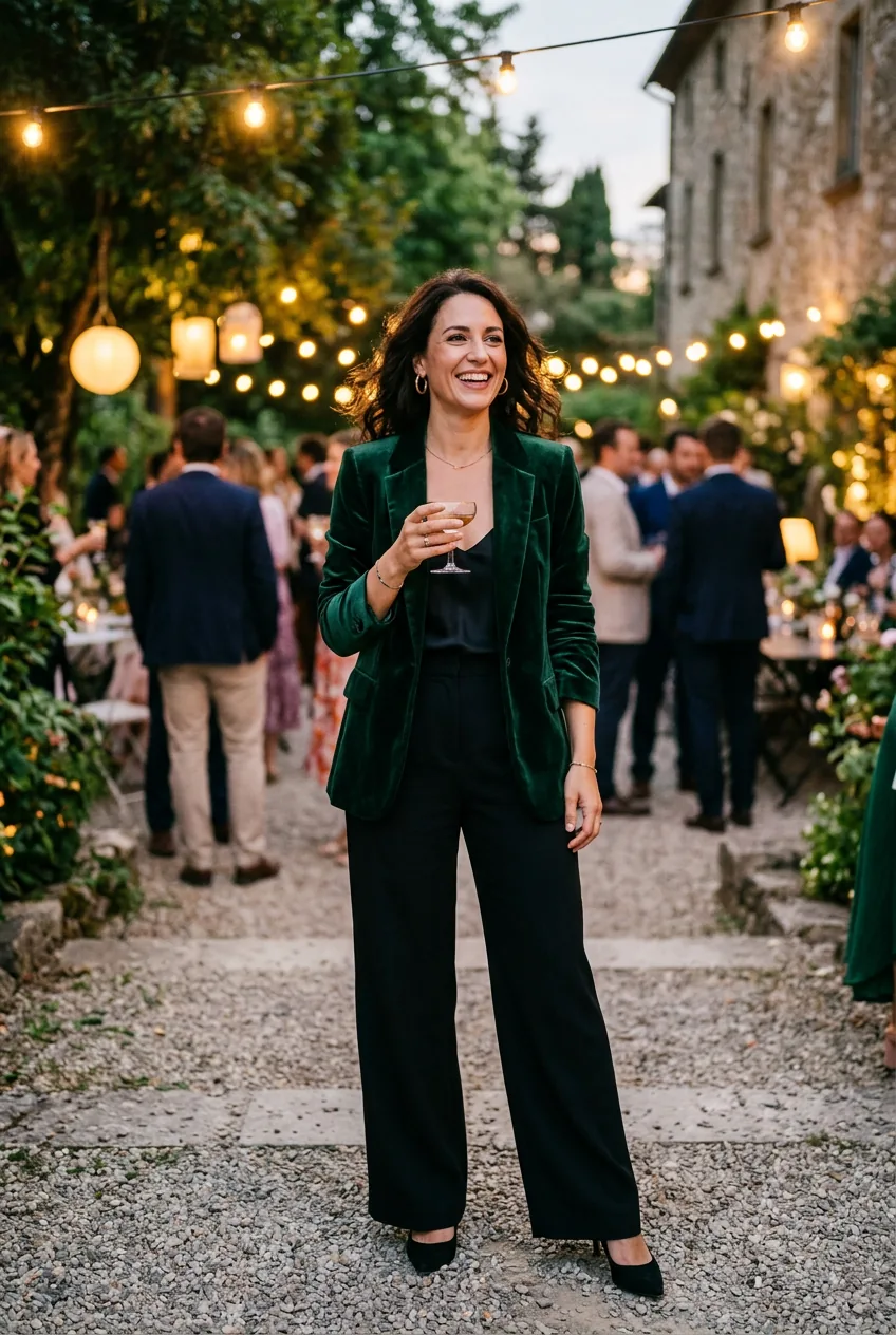 Woman in deep forest green velvet blazer over black bodysuit with wide-leg trousers at an evening outdoor celebration