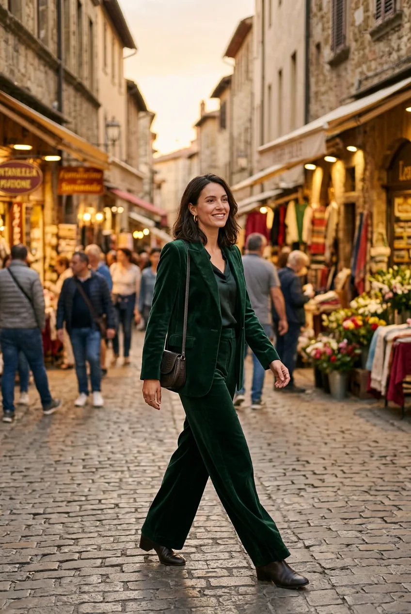 Woman strolling a European market street in a deep forest green velvet blazer and matching wide-leg trousers in late afternoon light