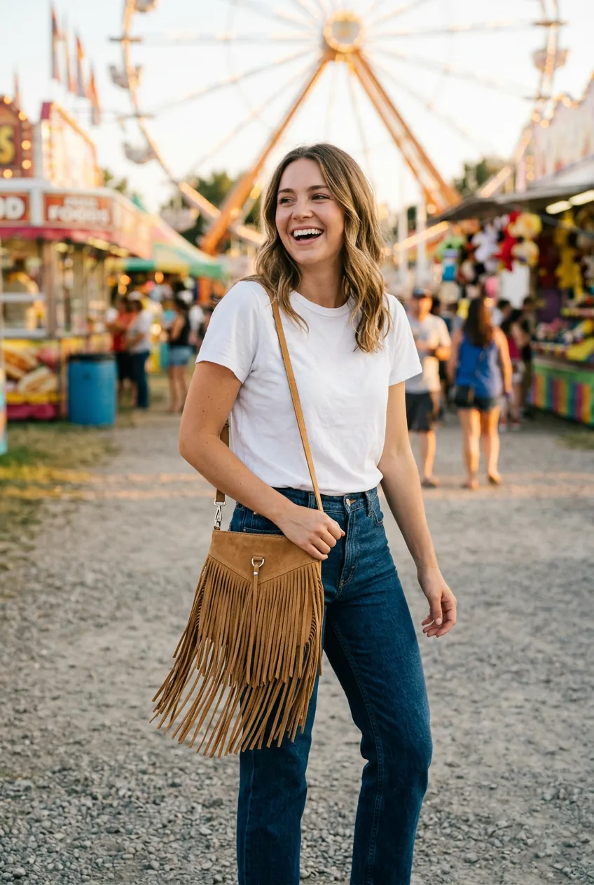 Woman in white tee and straight-leg jeans carrying a statement fringe bag at golden hour summer fair