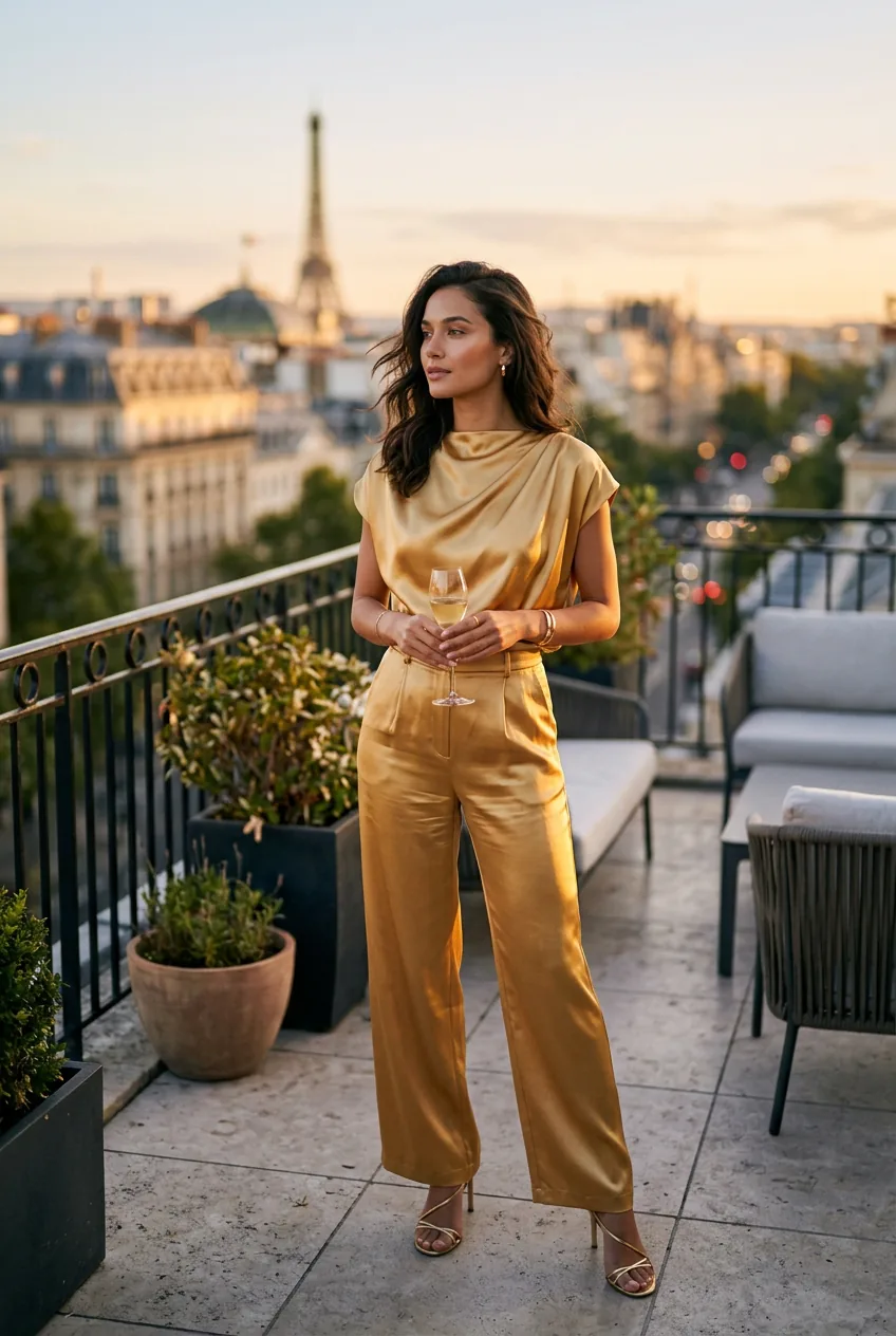 Woman wearing a full molten gold wide-leg satin co-ord with ankle-strap heels on a rooftop at sunset