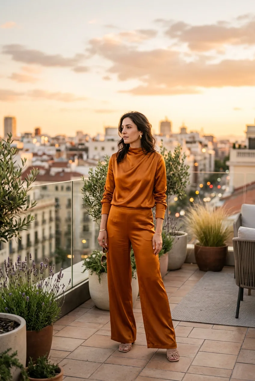 Full silhouette of a woman in a molten amber satin co-ord standing on a rooftop terrace against a glowing evening sky