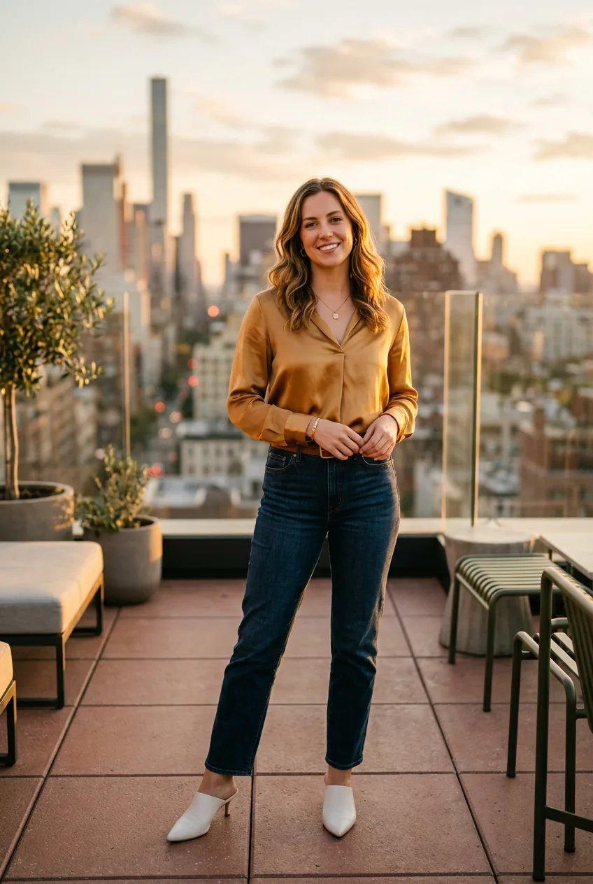 Woman in gold satin blouse tucked into dark-wash jeans and white mules on a sunlit rooftop terrace