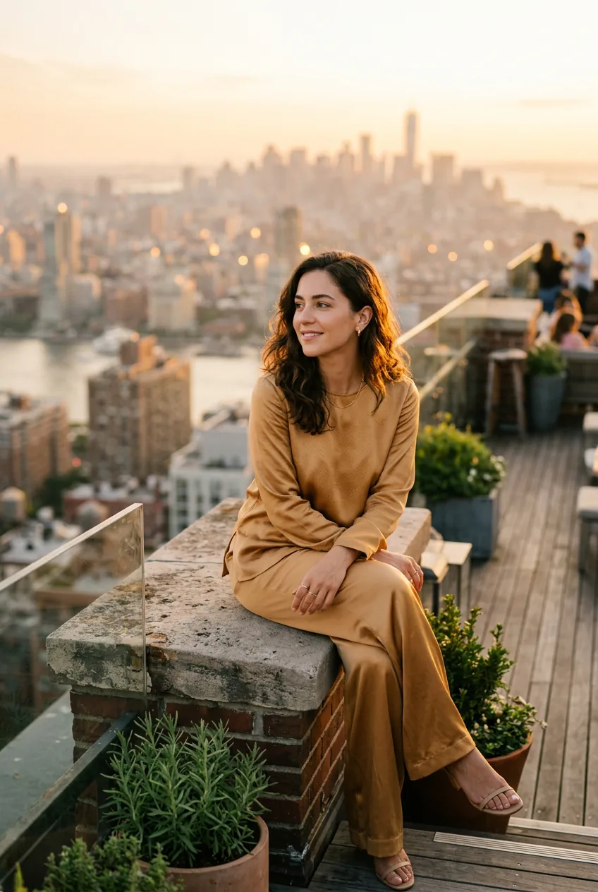 Woman seated on a rooftop ledge wearing a warm gold satin wide-leg trouser set wrapped in golden evening light