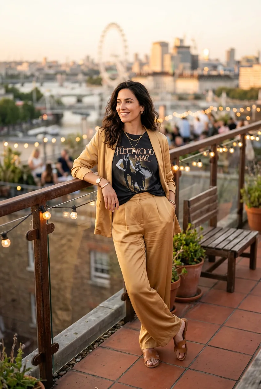 Woman in warm gold wide-leg satin trousers paired with a vintage band tee and flat sandals on a rooftop