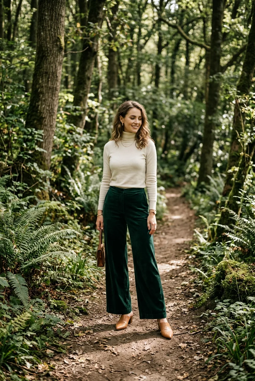 Woman in forest green velvet wide-leg trousers and cream turtleneck standing in dappled forest sunlight