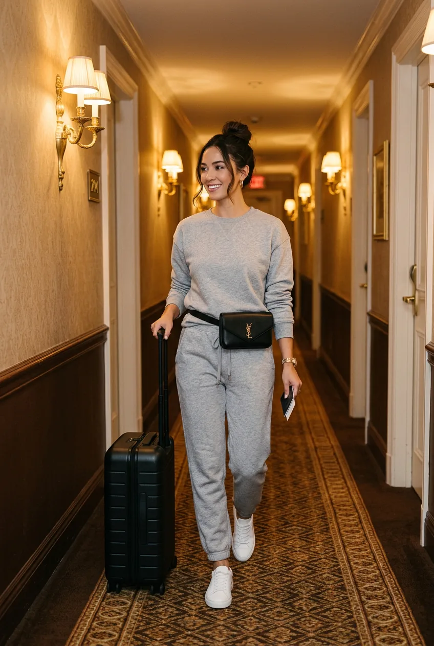Woman in grey French terry matching sweat set with black leather belt bag and white sneakers in minimalist hotel hallway