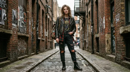 Woman in a complete grunge outfit posed in a warm brick alley with soft overcast light and shallow depth of field