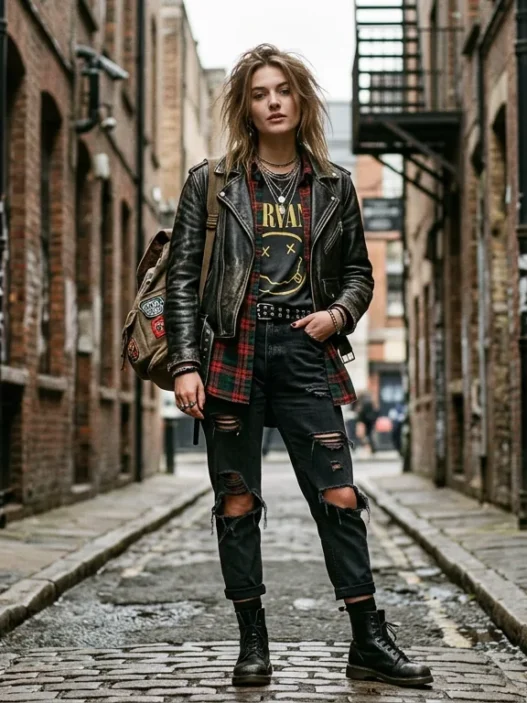Woman in a complete grunge outfit posed in a warm brick alley with soft overcast light and shallow depth of field