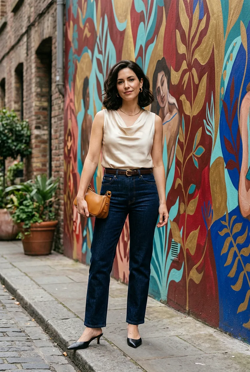 Woman in pristine dark indigo jeans, silky shell top, belted waist, and kitten-heel mules with a structured baguette bag