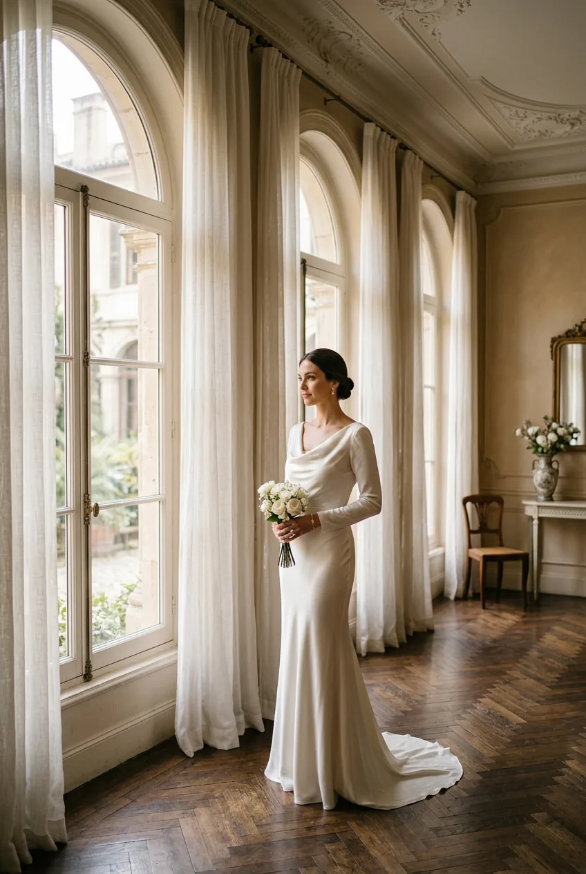 Woman in ivory bias-cut gown standing near tall arched windows with soft natural daylight