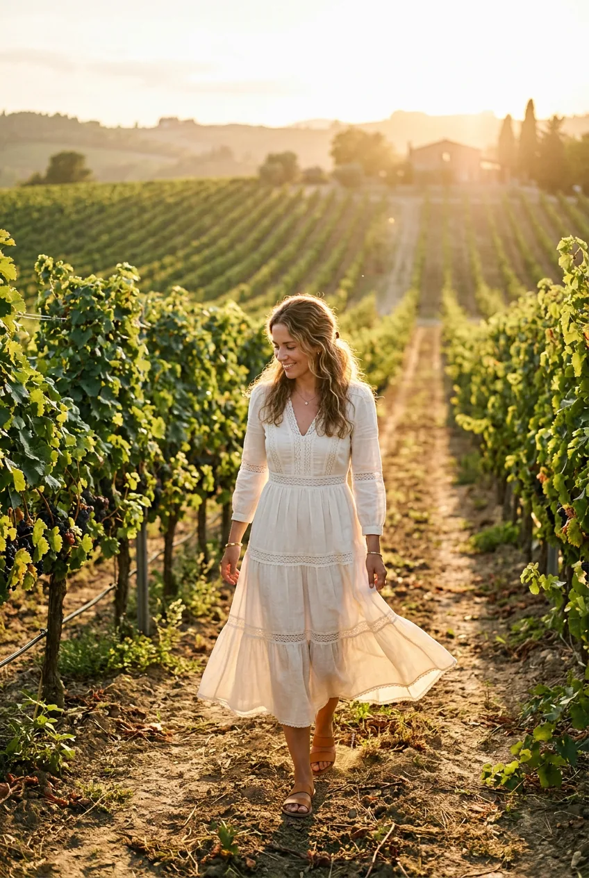 Woman in flowing ivory midi dress walking between vineyard rows in warm golden hour backlight