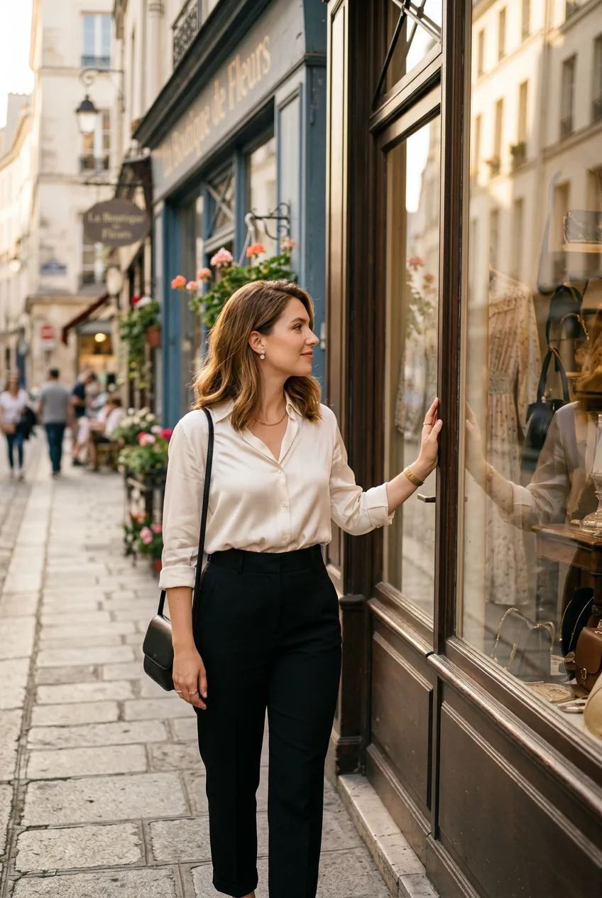 Woman in ivory silk blouse and tailored black trousers with pearl earrings pausing outside European boutique window