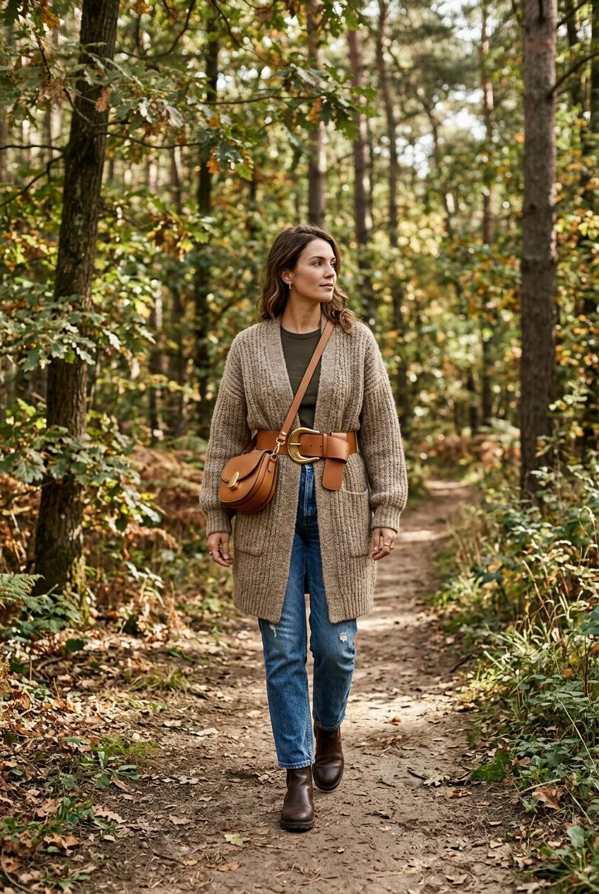 Woman in longline knit cardigan with wide waist belt and sculptural crossbody bag on a forest trail