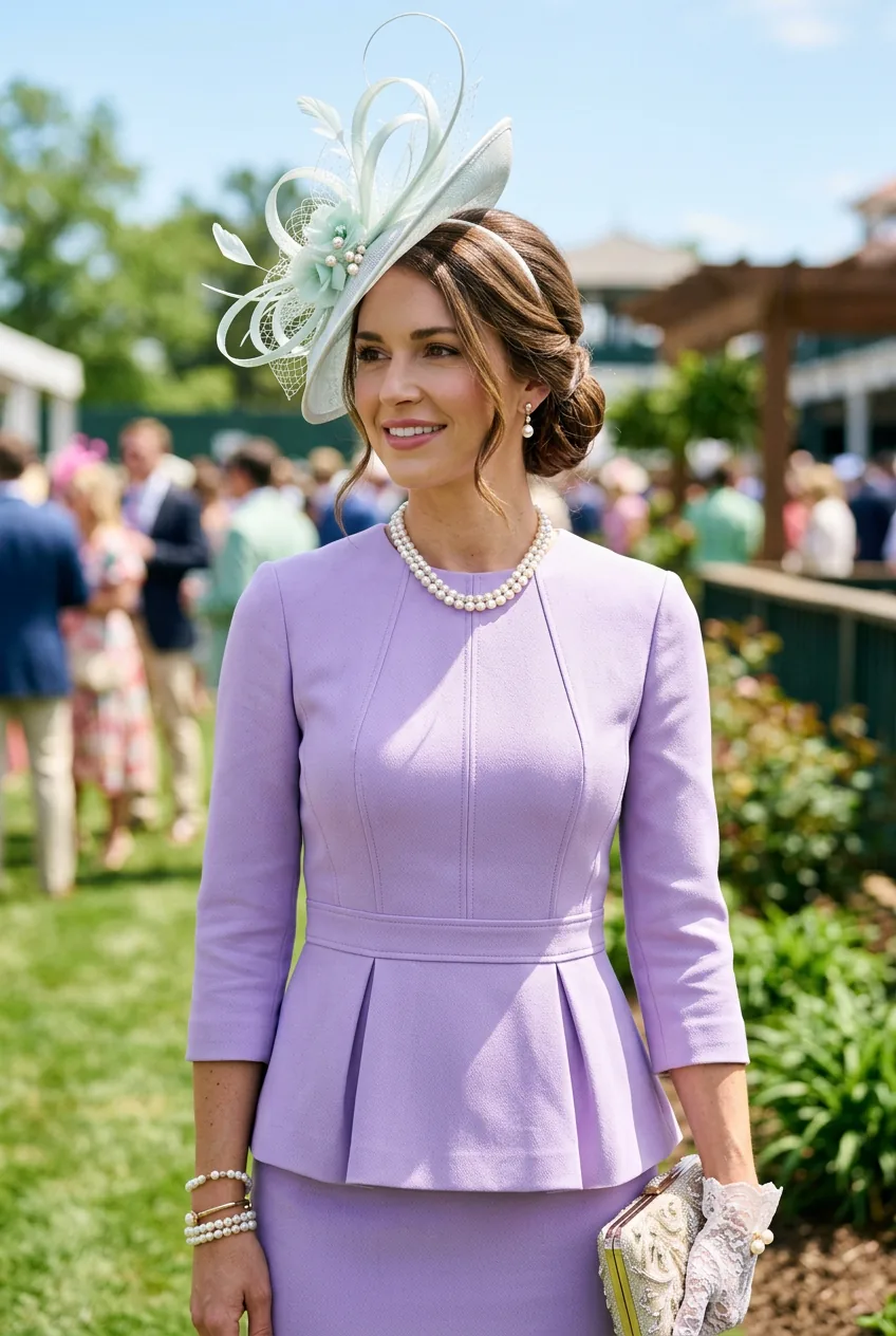 Close-up of woman wearing lavender peplum top with pearl jewelry and pale mint sculptural fascinator