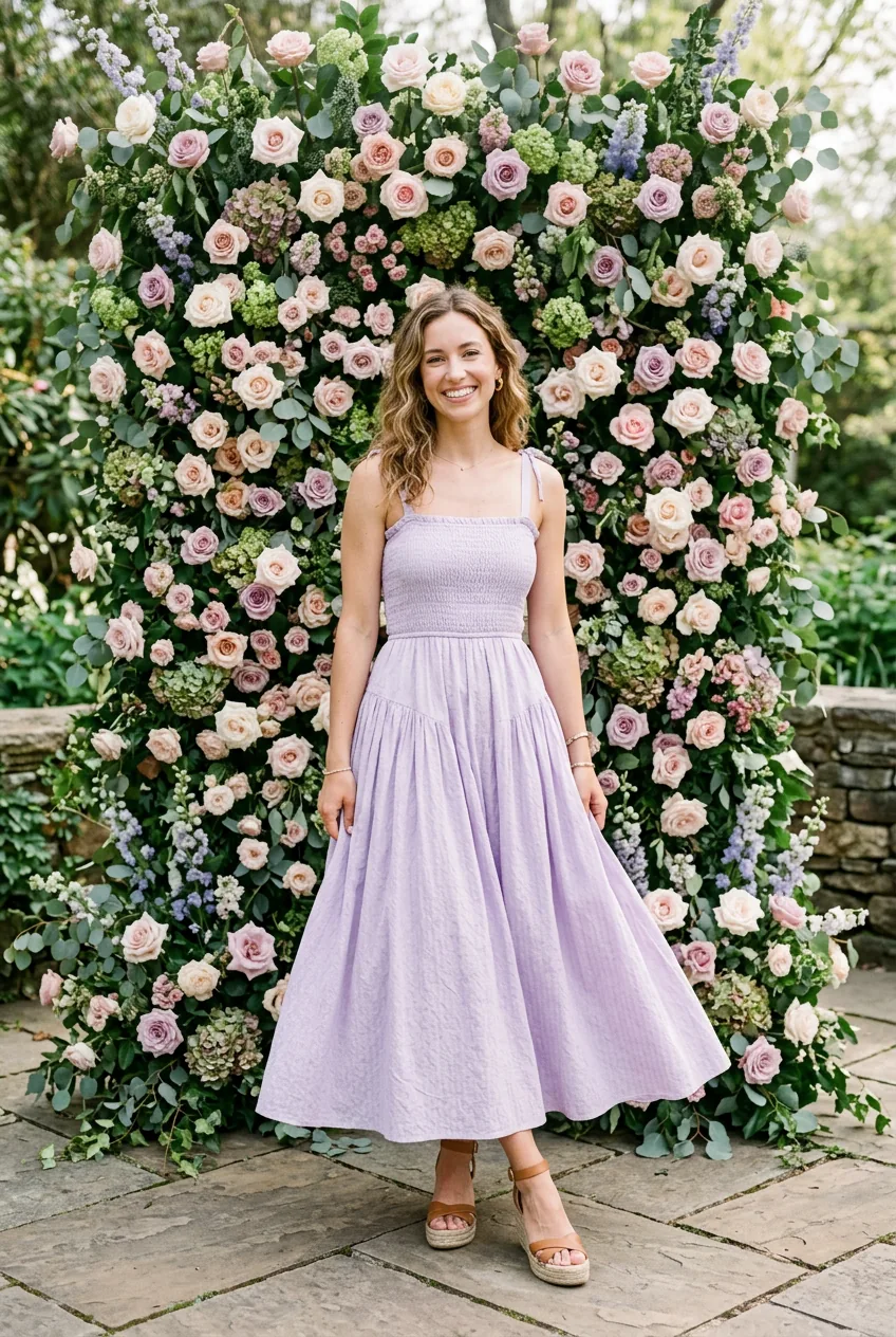 Woman in pale lavender smocked cotton sundress with full skirt and wedge sandals in romantic setting