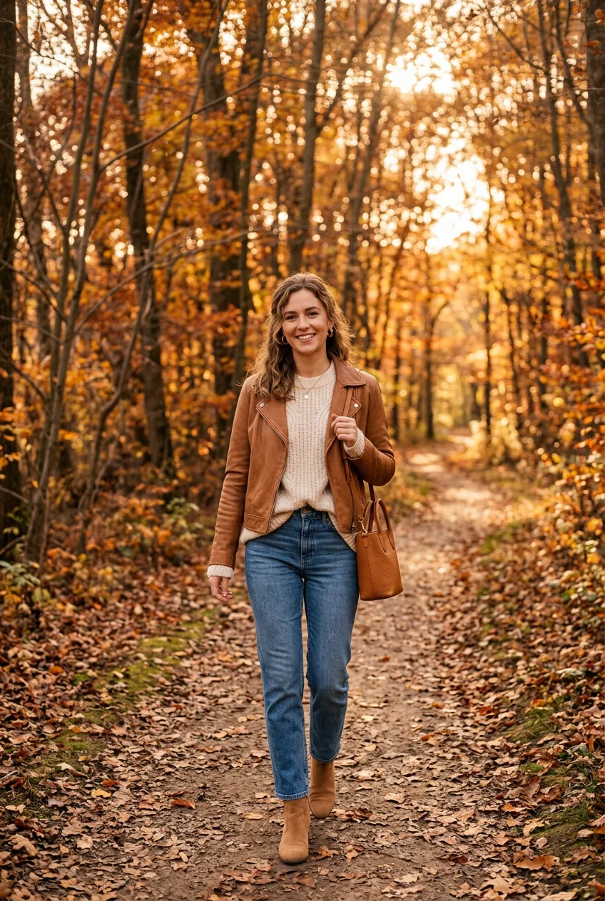 Full-length shot of woman in caramel leather jacket over knit sweater with straight jeans and suede boots on autumn path