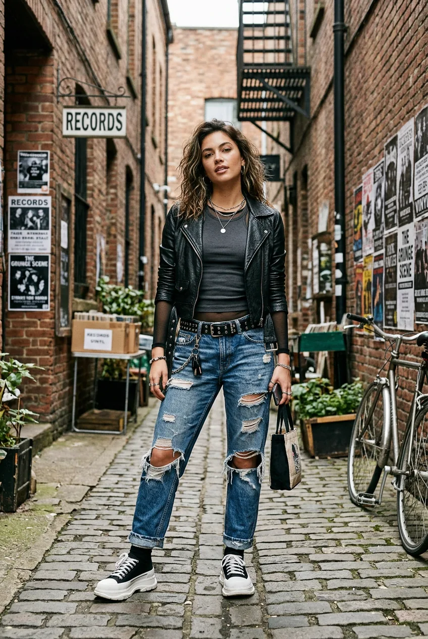 Woman in cropped leather jacket layered over ribbed tank, sheer long-sleeve and ripped jeans with platform sneakers