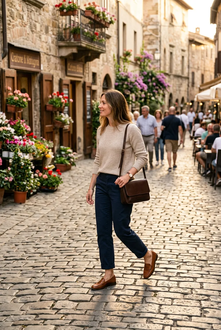 Woman in oatmeal knit and turn-up navy trousers wearing tobacco leather loafers on European cobblestone market street