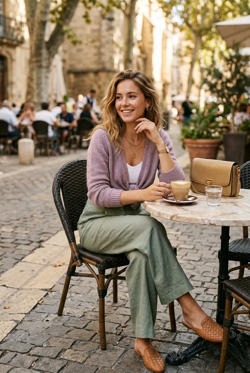 Woman at café in dusty-lilac knotted cardigan over white cami and sage linen wide-leg trousers with gold chain bag