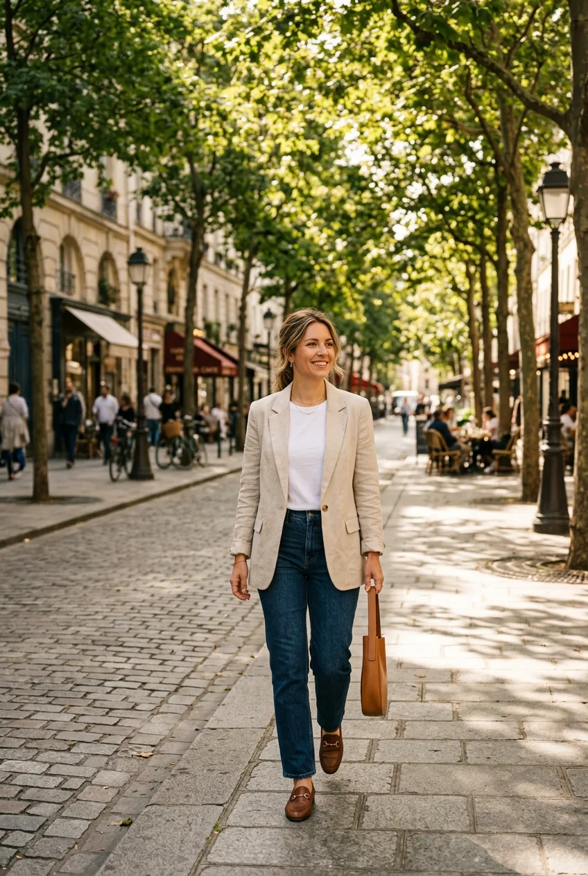 Woman wearing relaxed oatmeal linen blazer over white t-shirt and dark straight jeans on tree-lined European boulevard