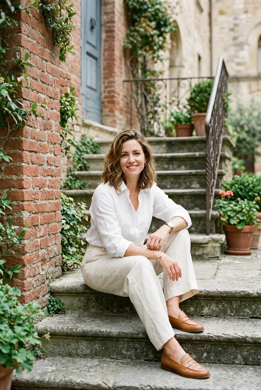 Woman in linen white button-down and wide-leg cream trousers wearing tan penny loafers seated on steps