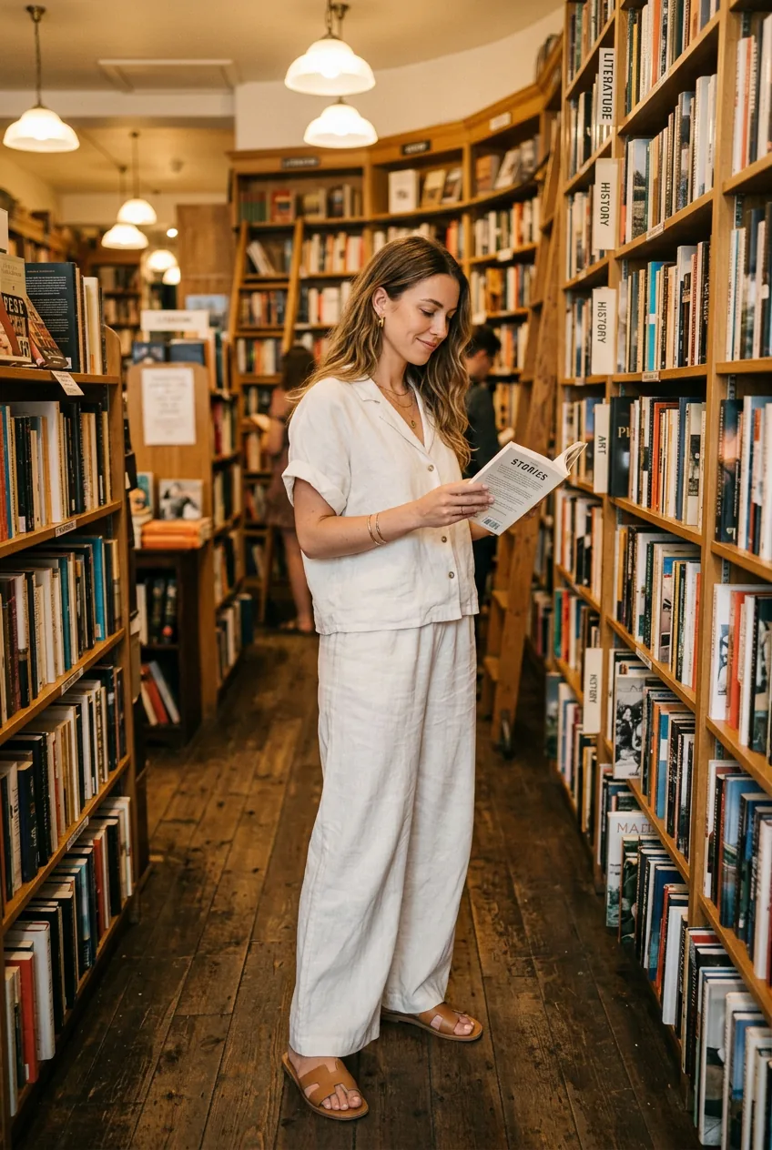 Woman wearing an off-white relaxed linen coordinate with wide trousers and button-front top in a warmly lit bookstore aisle
